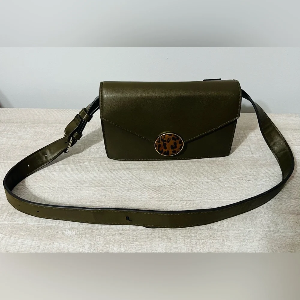 Vintage Bershka Shoulder Bag – Olive Green with Leopard Print Accent
